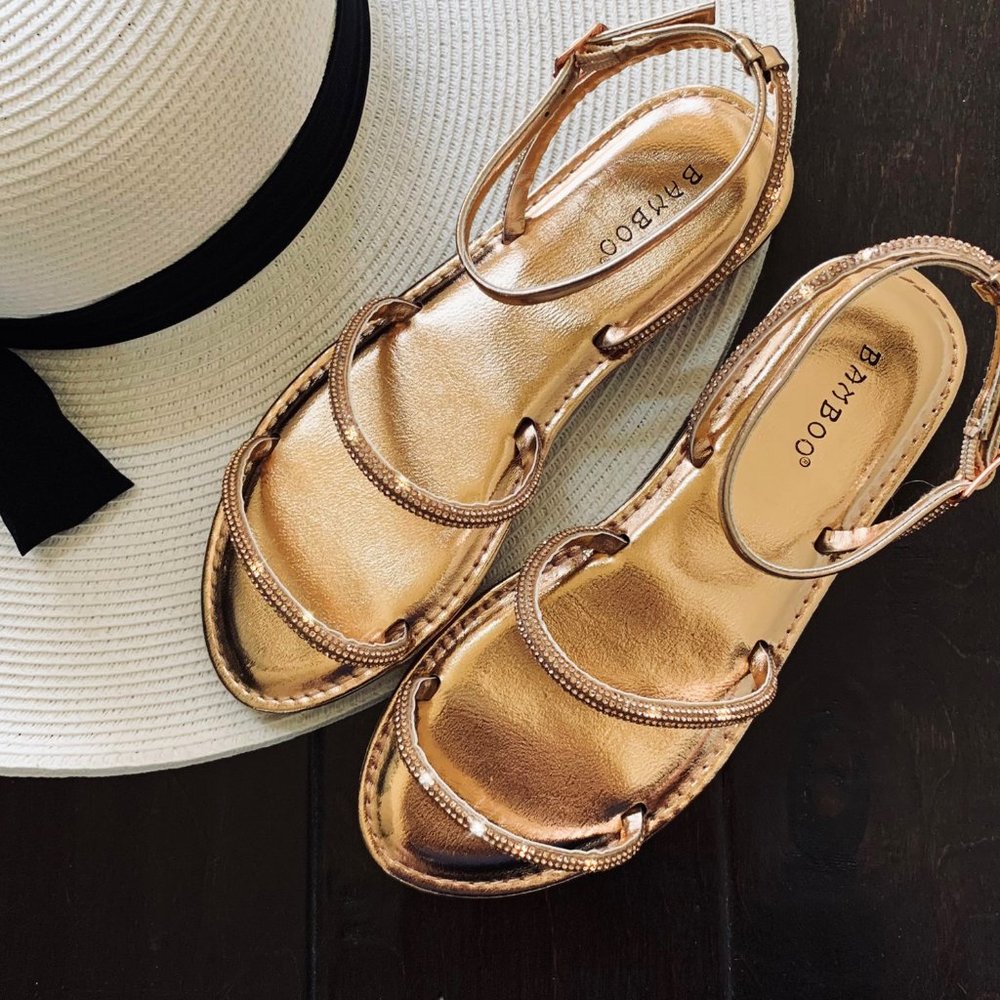 NEW🔥 Rose Gold Diamante Rhinestone Flat Gladiator Sandals Ankle Strap Open Toe - Picture 4 of 6